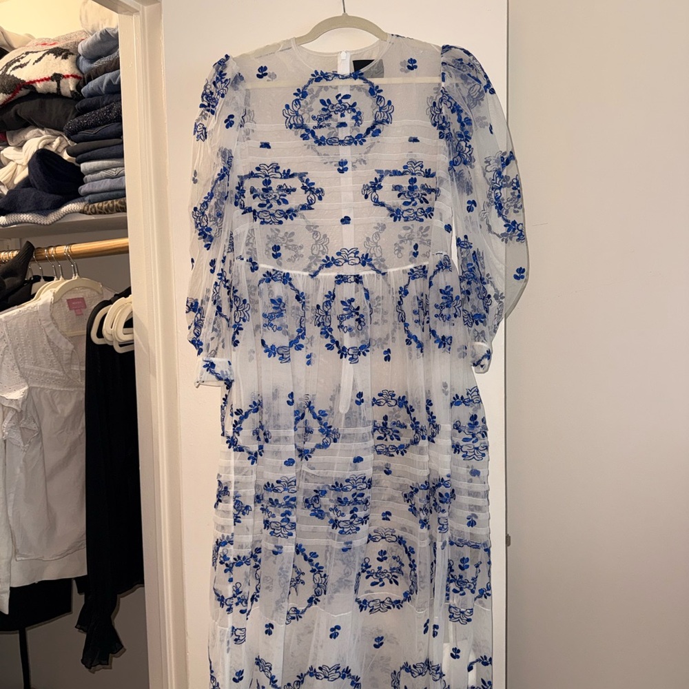 Simone Rocha Blue Floral Embroidered Sheer Maxi Dress